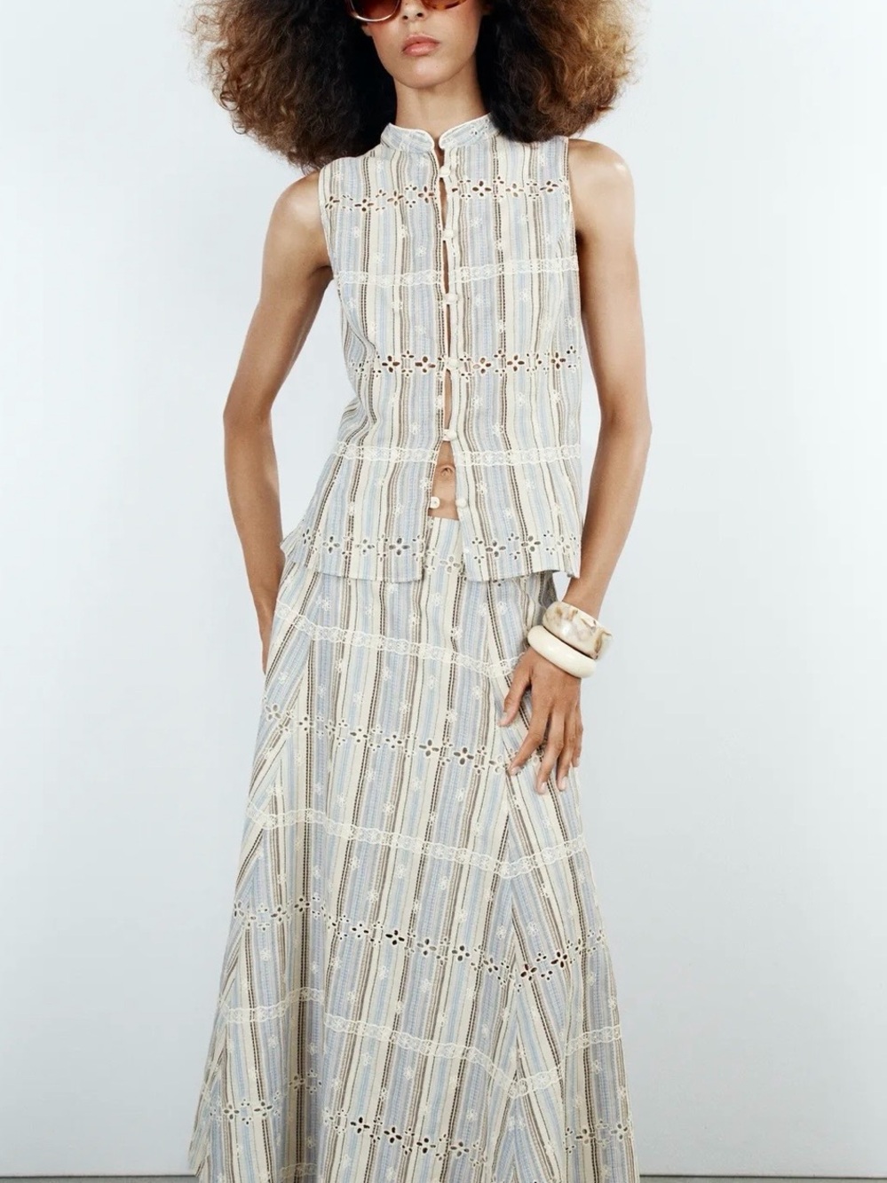 Zara Striped Embroidery Set Maxi Skirt and Top Size L/XL